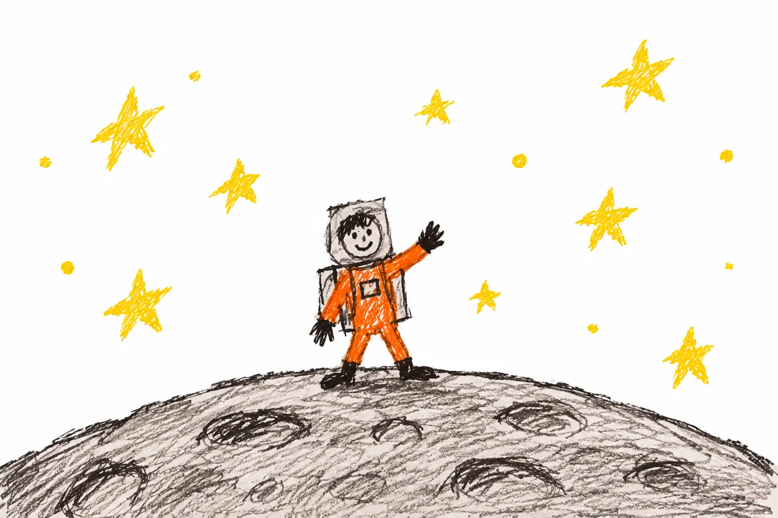 A child's crayon drawing: an astronaut in an orange suit waving on the moon under a blue sky full of yellow stars.
